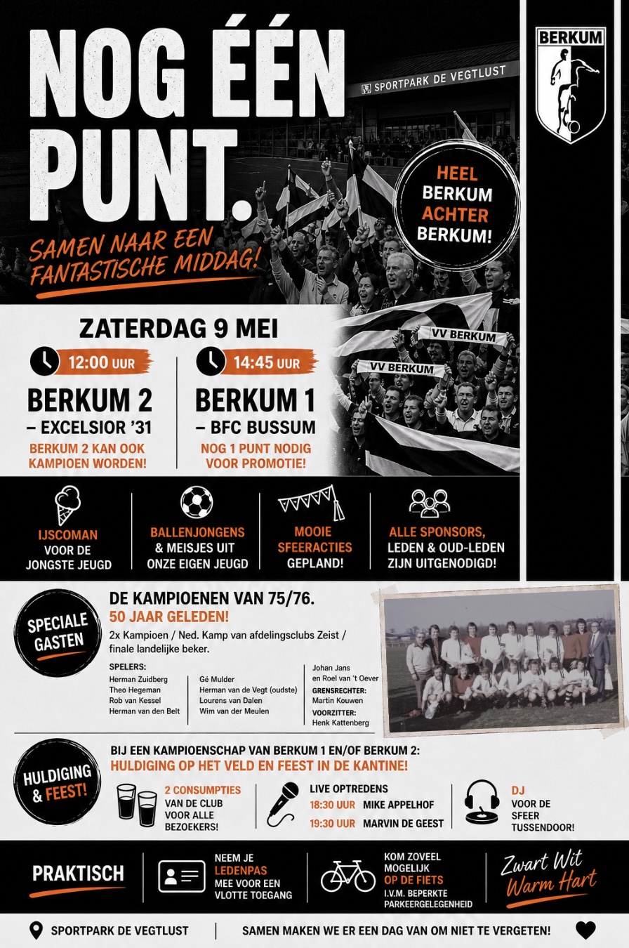 Nog één punt: zaterdag 9 mei kan Berkum 1 kampioen worden
